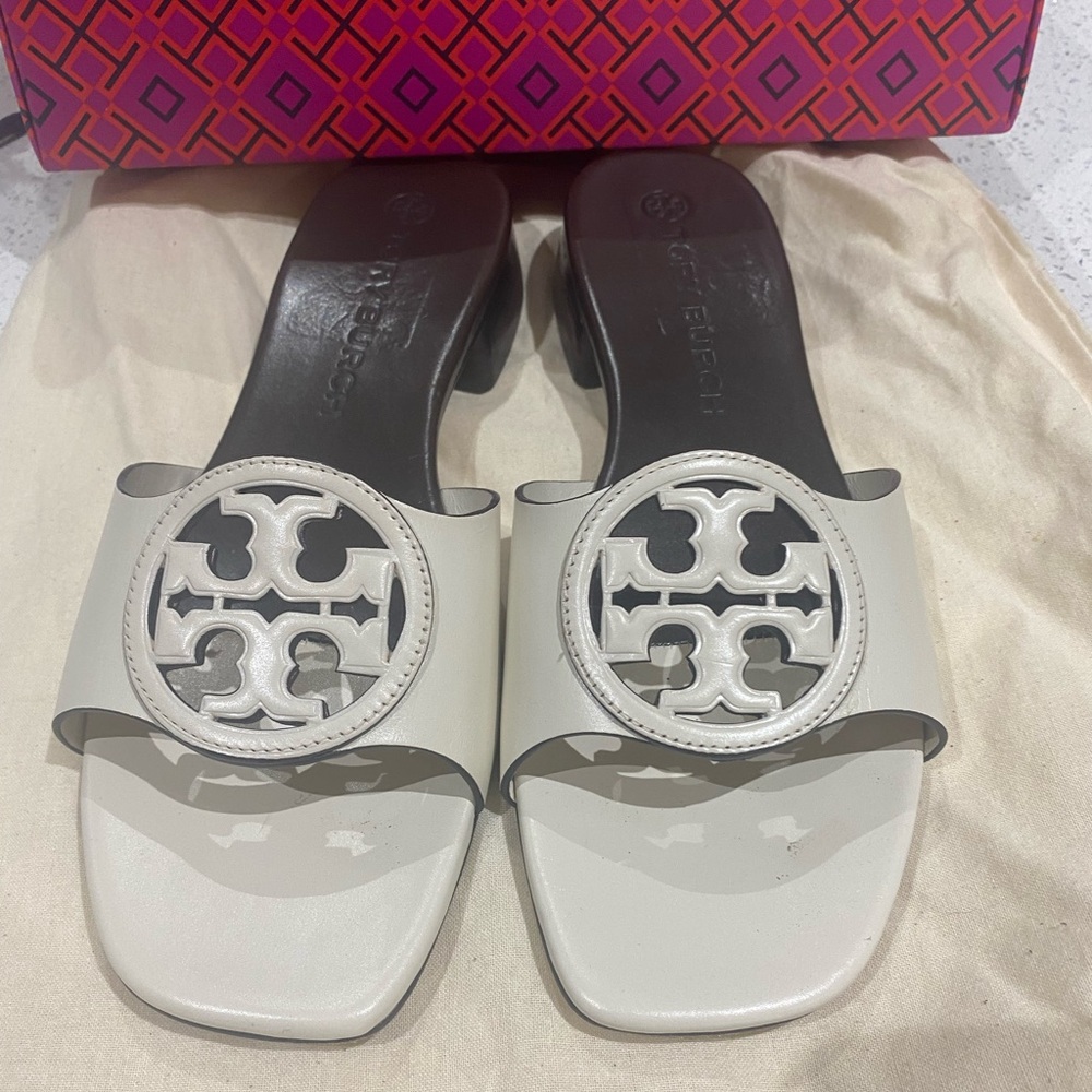 Tory Burch Cream Mules with Logo Detail